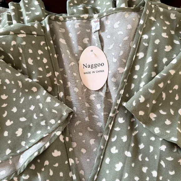 Ready for Spring Light Airy V Neck Wrap Midi Patterned Sage Ruffle Drop Dress - Picture 10 of 13